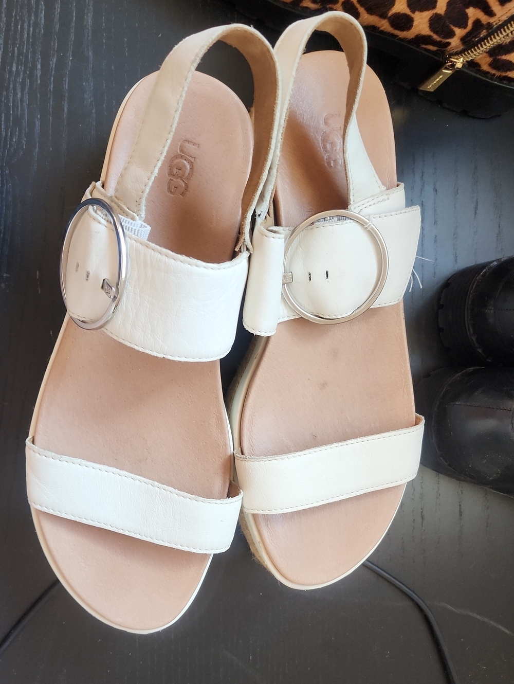 UGG Women’s Cream Leather Slingback Sandals with Silver Buckle